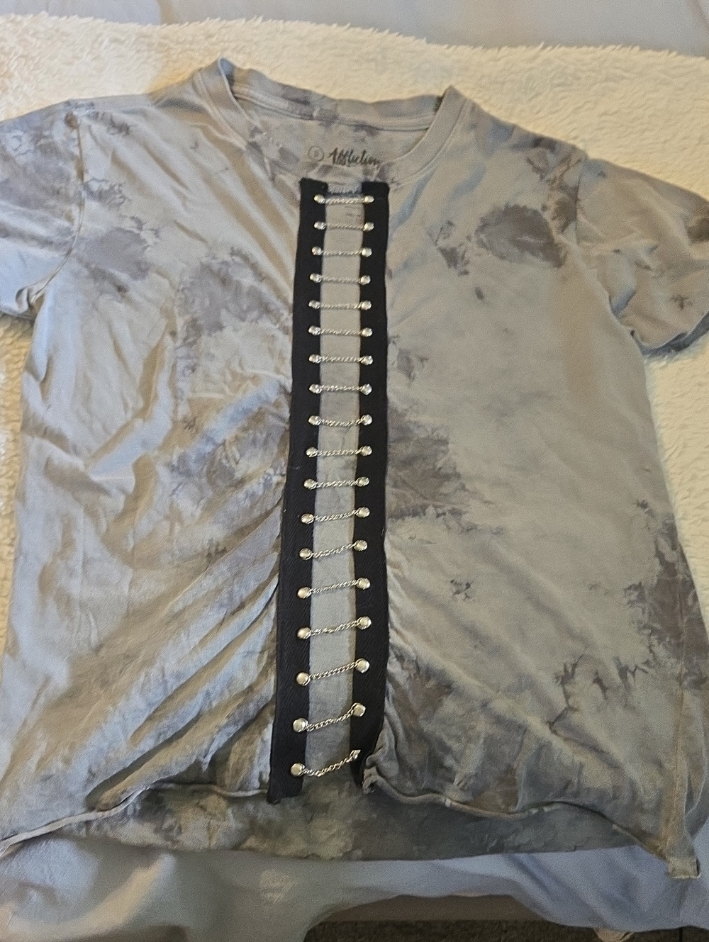 Affliction Gray Tie-Dye Short Sleeve Tee with Black Front Lace and Silver Chains